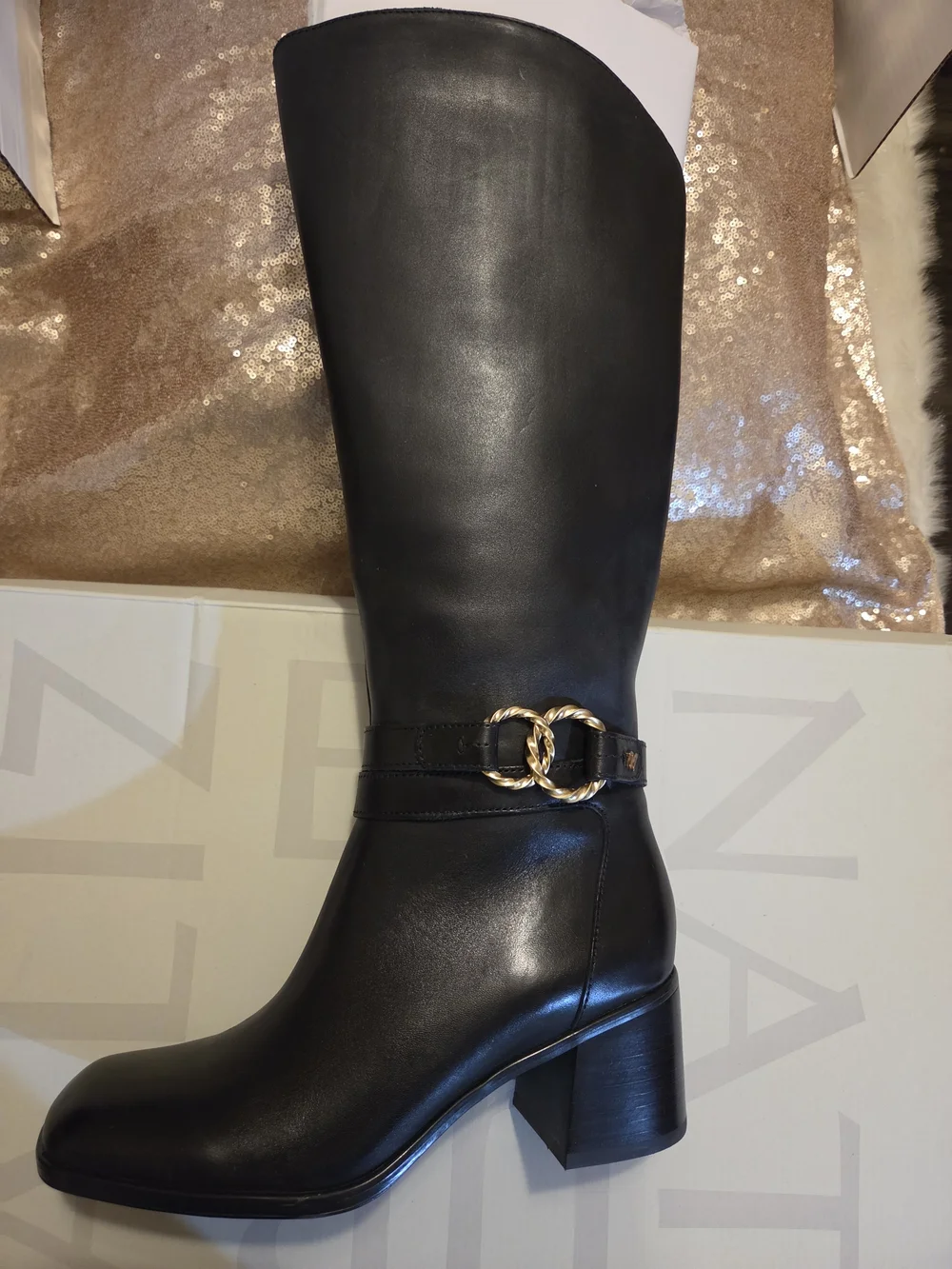 Naturalizer Black Over-the-Knee Leather Boots with Chain Accent
